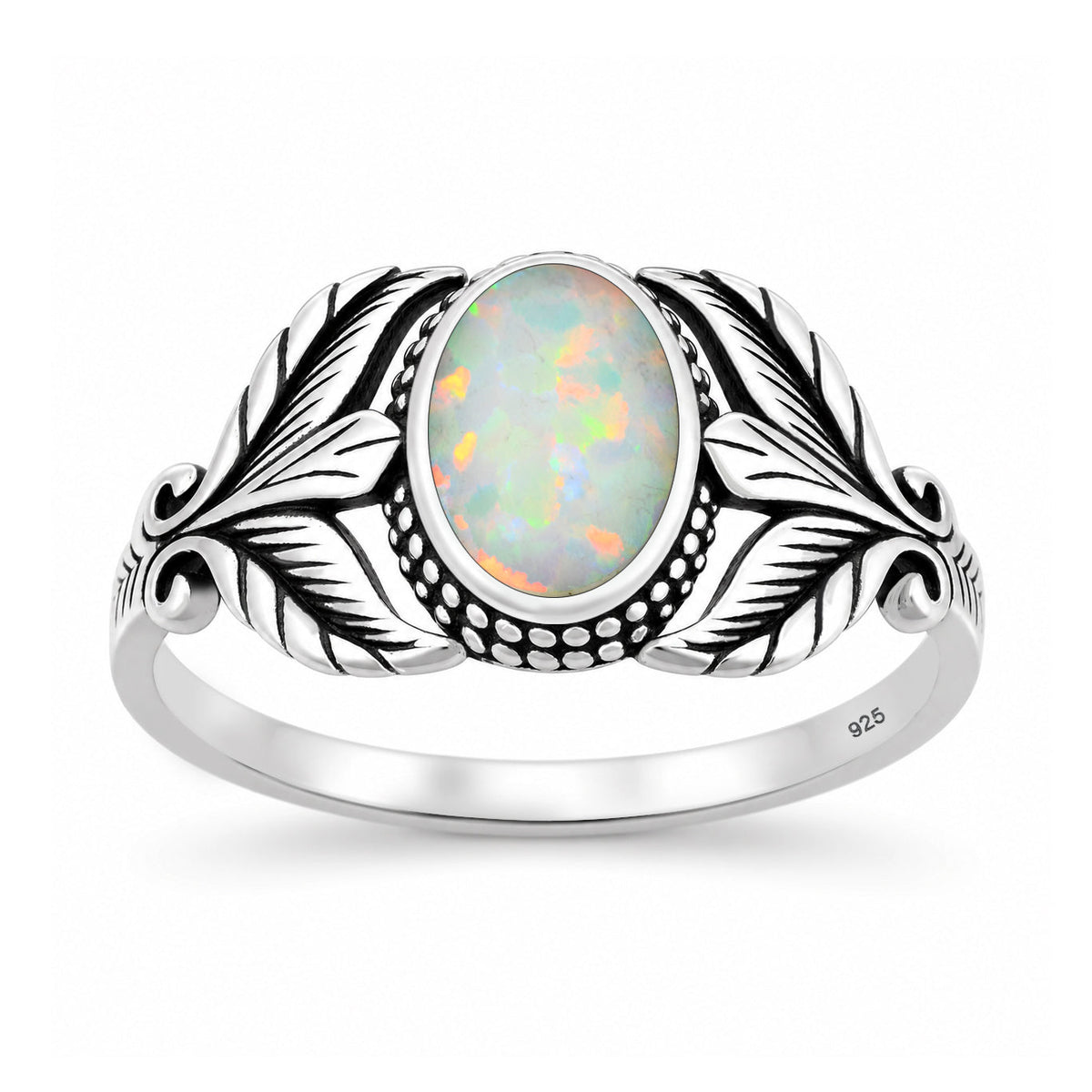 Sterling Silver White Synthetic Opal Leaf Ring