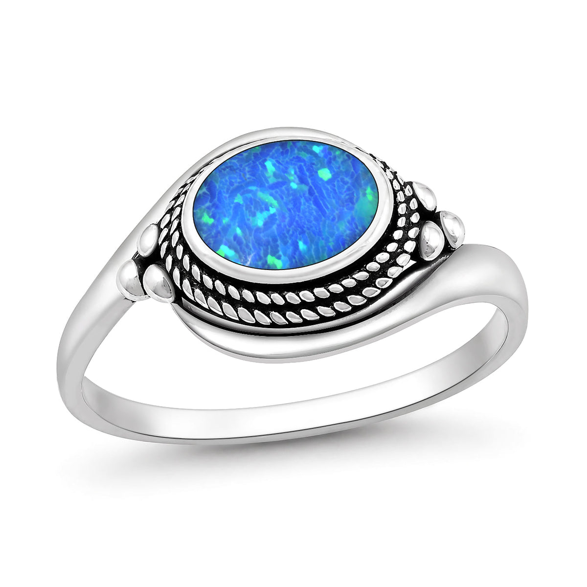 Sterling Silver Blue Synthetic Opal Bali Style Ring