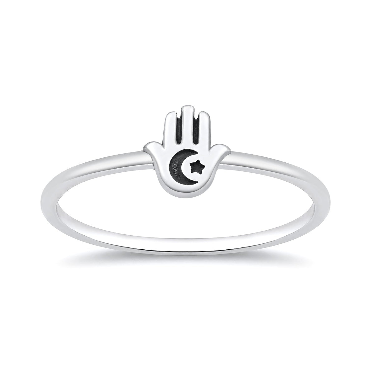 Sterling Silver Hamsa Crescent Moon Star Ring
