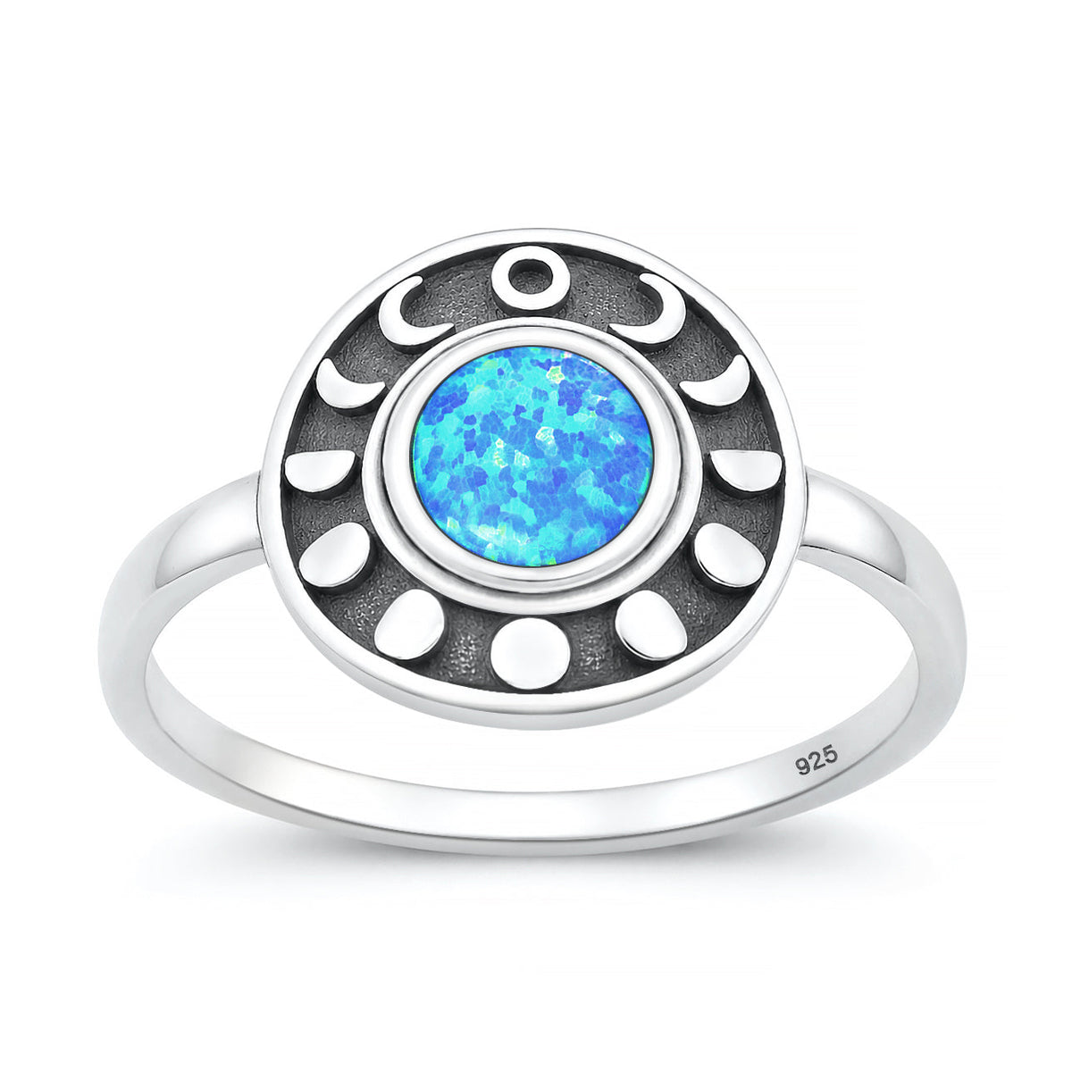 Sterling Silver Blue Synthetic Opal Moon Phases Ring