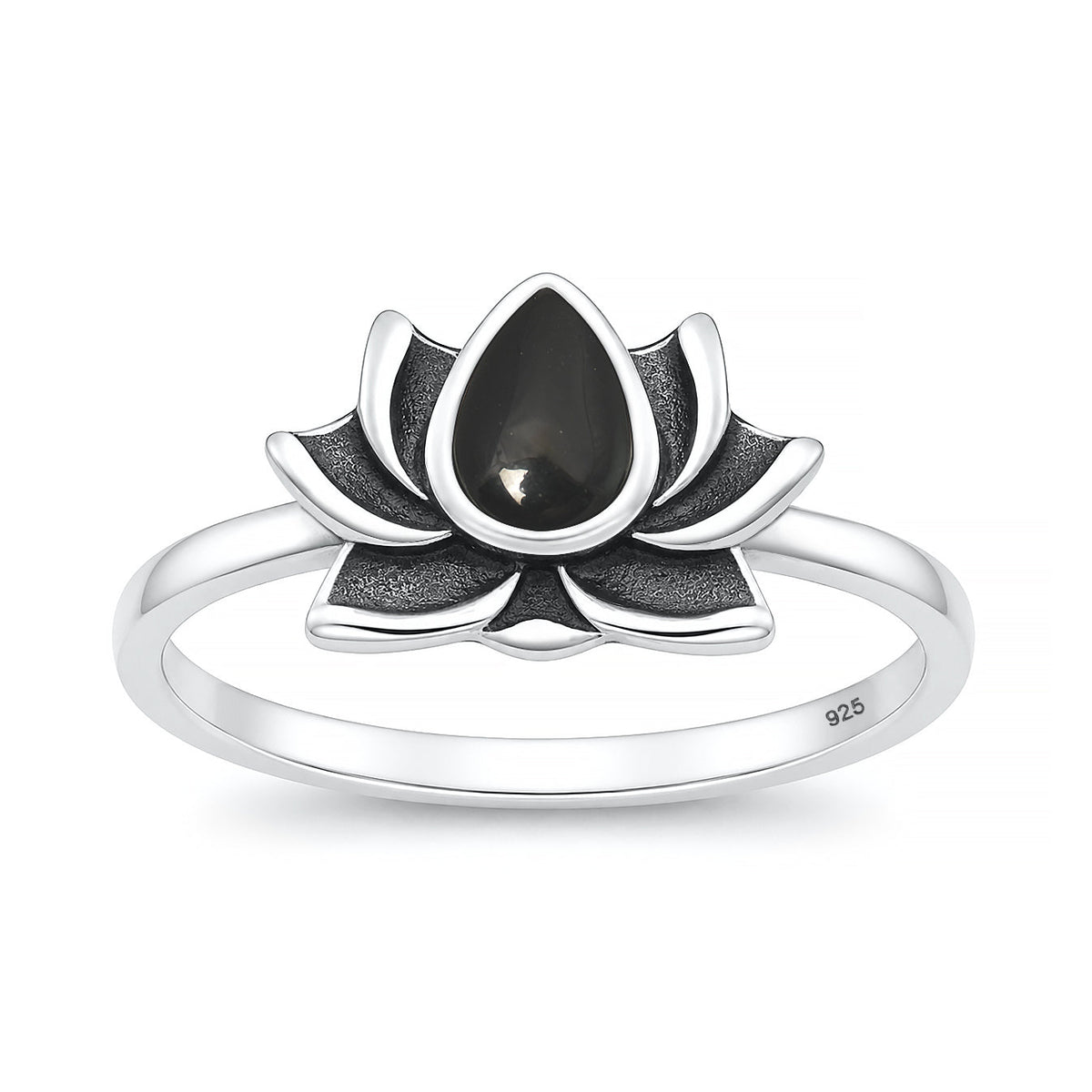 Sterling Silver Black Agate Lotus Ring
