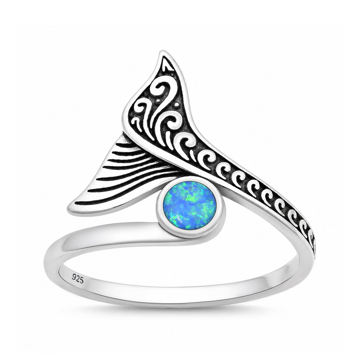 Sterling Silver Blue Synthetic Opal Whale Tail Ring