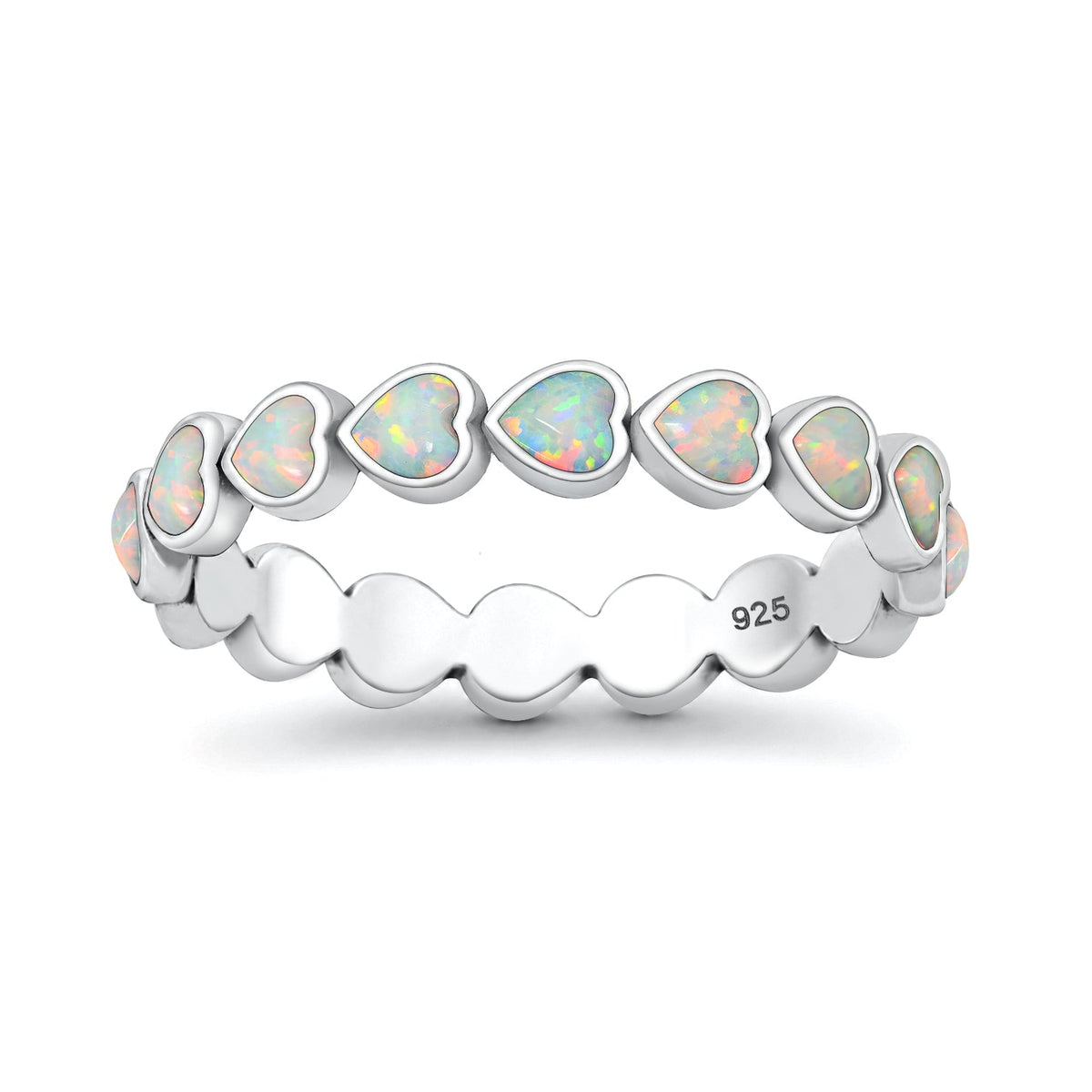 Sterling Silver White Synthetic Opal Heart Eternity Ring