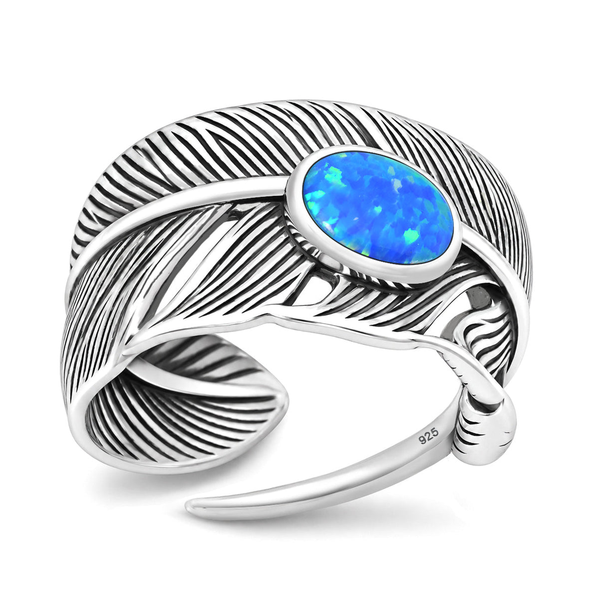 Sterling Silver Blue Synthetic Opal Feather Ring