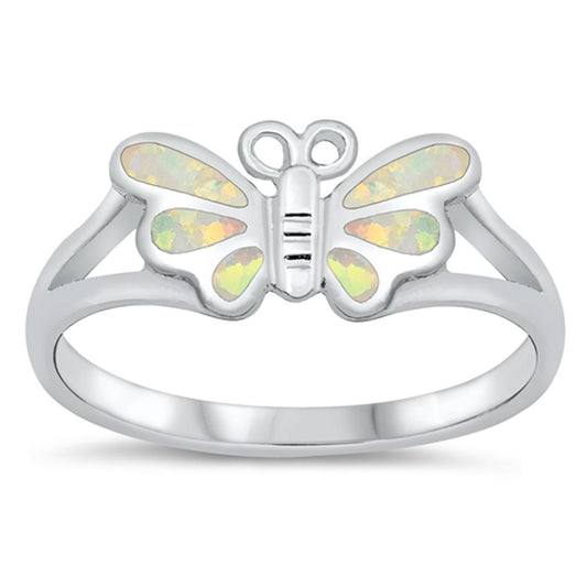 White Lab Opal Cute Butterfly Mosaic Ring .925 Sterling Silver Band Sizes 5-10