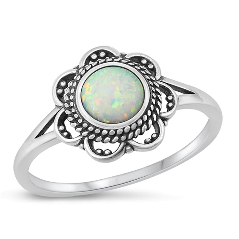 Sterling Silver White Lab Opal Flower Ring