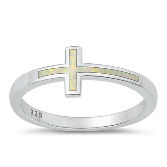 Sterling Silver White Lab Opal Cross Ring