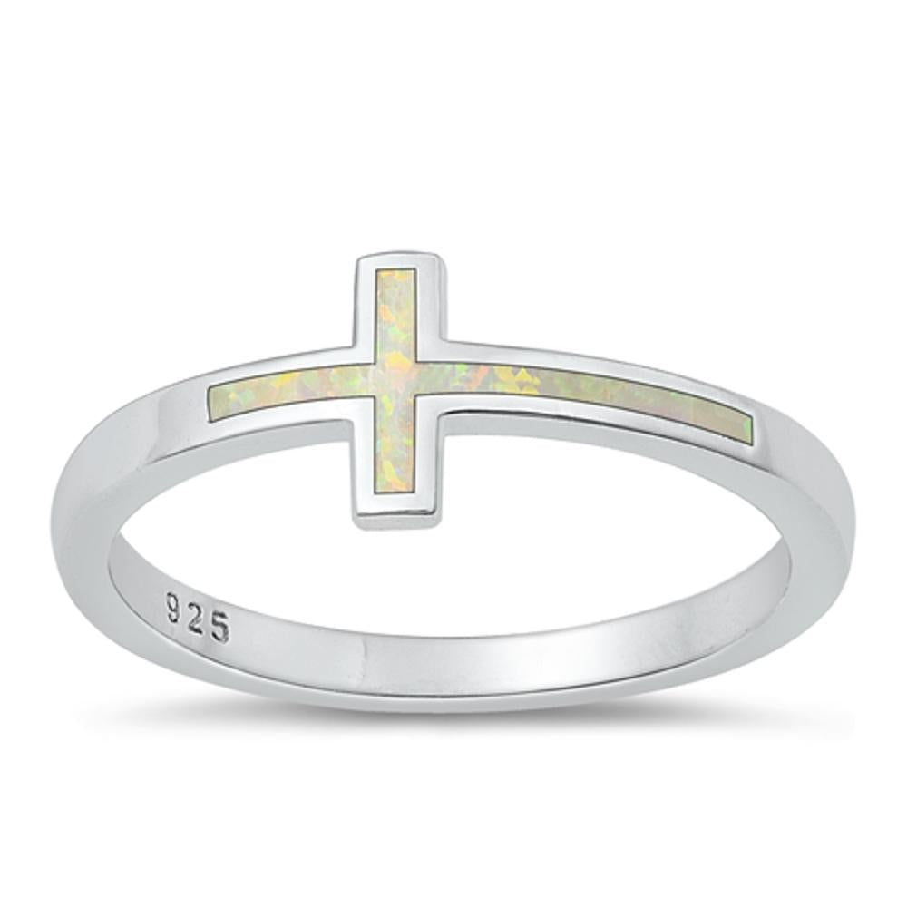Sterling Silver White Lab Opal Cross Ring