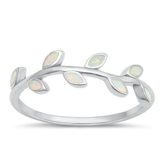 Sterling Silver White Lab Opal Leaf  Ring
