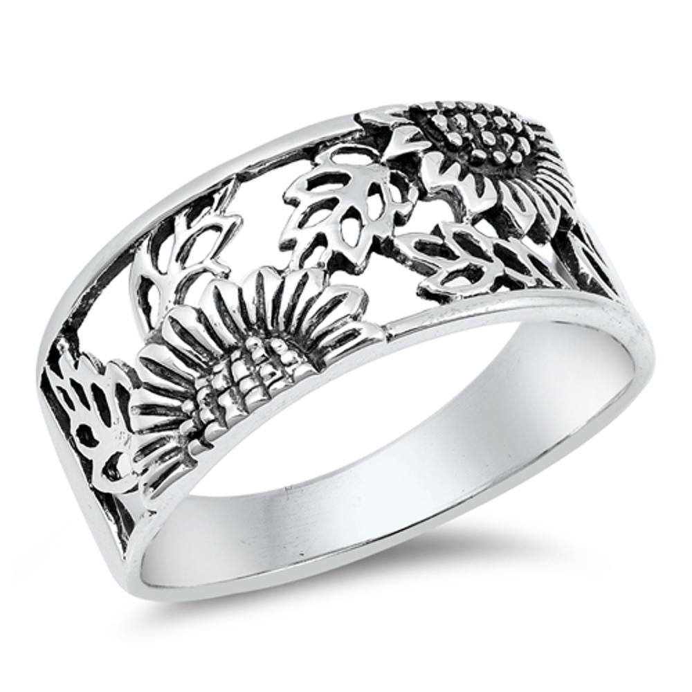 Sterling Silver Woman's Sunflower Ring Flower 925 Wide Band 14mm Sizes 5-10