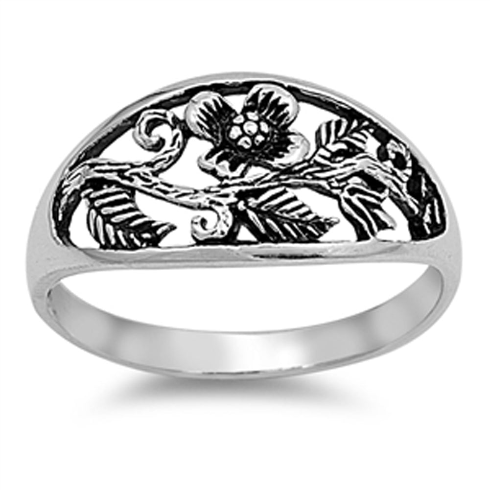 Antiqued Floral Flower Tree Leaf Ring New .925 Sterling Silver Band Sizes 5-10