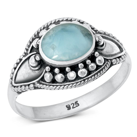 Bali Rope Fashion Round Larimar Ring New .925 Sterling Silver Band Sizes 6-10