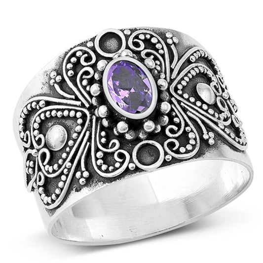 Sterling Silver Amethyst CZ Bali Style Ring