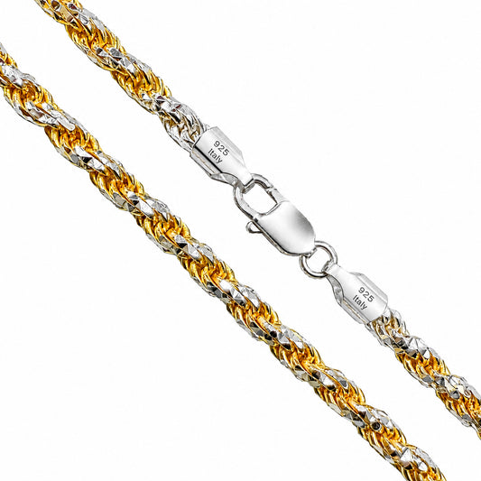 Rope Prism 100 - 5mm - Sterling Silver Gold Plated 2-Tone Diamond Cut Chain
