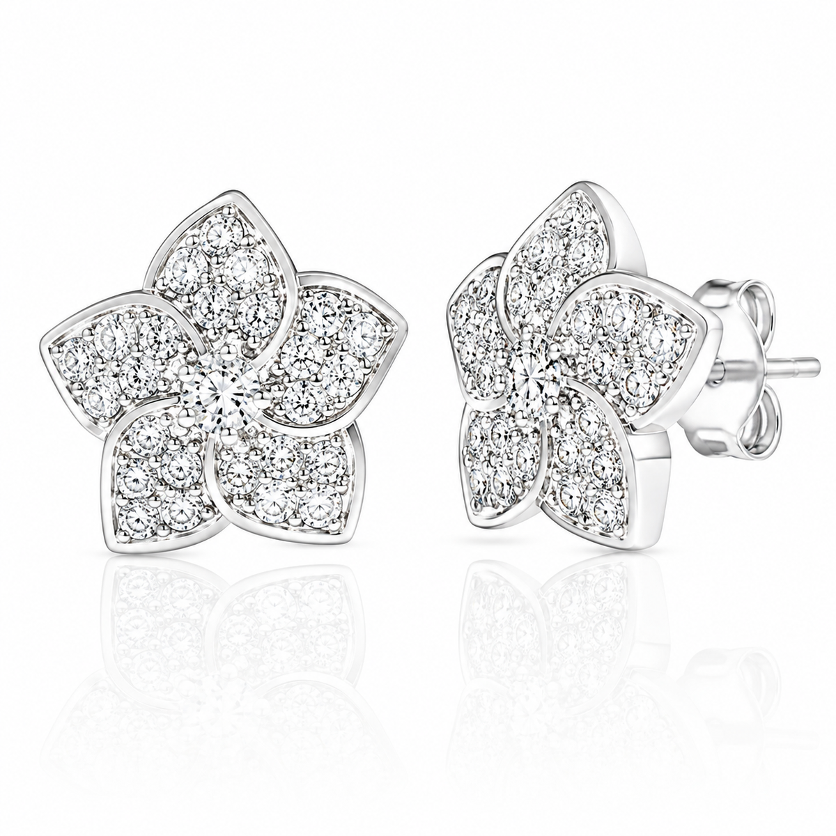 Sterling Silver White CZ Pave Flower Earrings