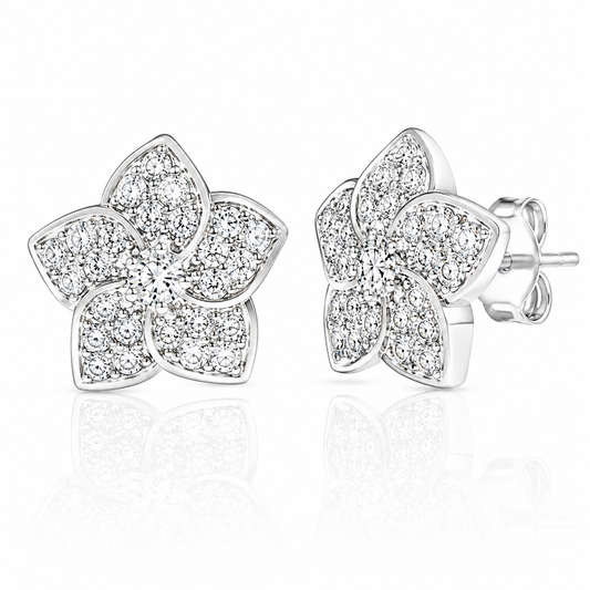 Sterling Silver White CZ Pave Flower Earrings