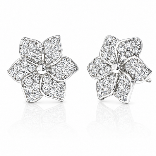 Sterling Silver White CZ Pave Flower Earrings