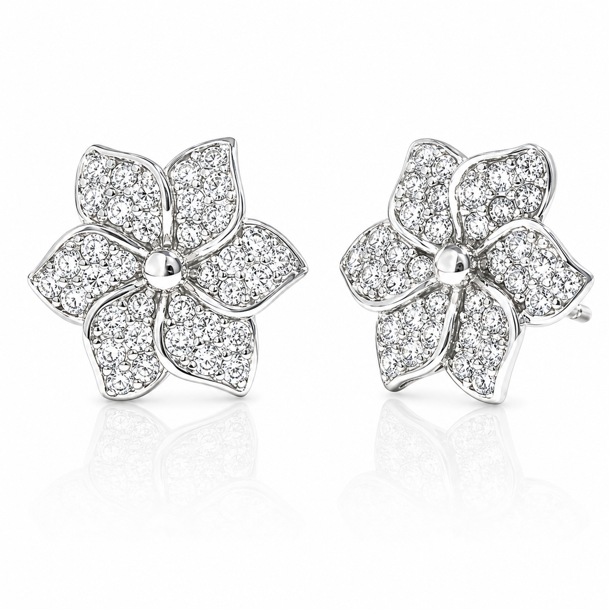 Sterling Silver White CZ Pave Flower Earrings