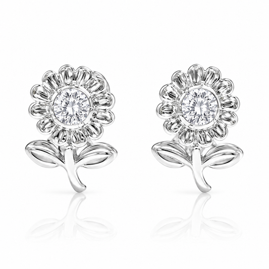 Sterling Silver Clear CZ Sunflower Plant Nature Earrings