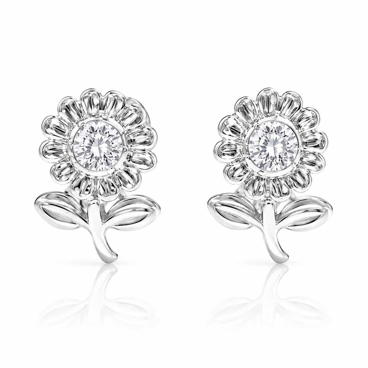 Sterling Silver Clear CZ Sunflower Plant Nature Earrings