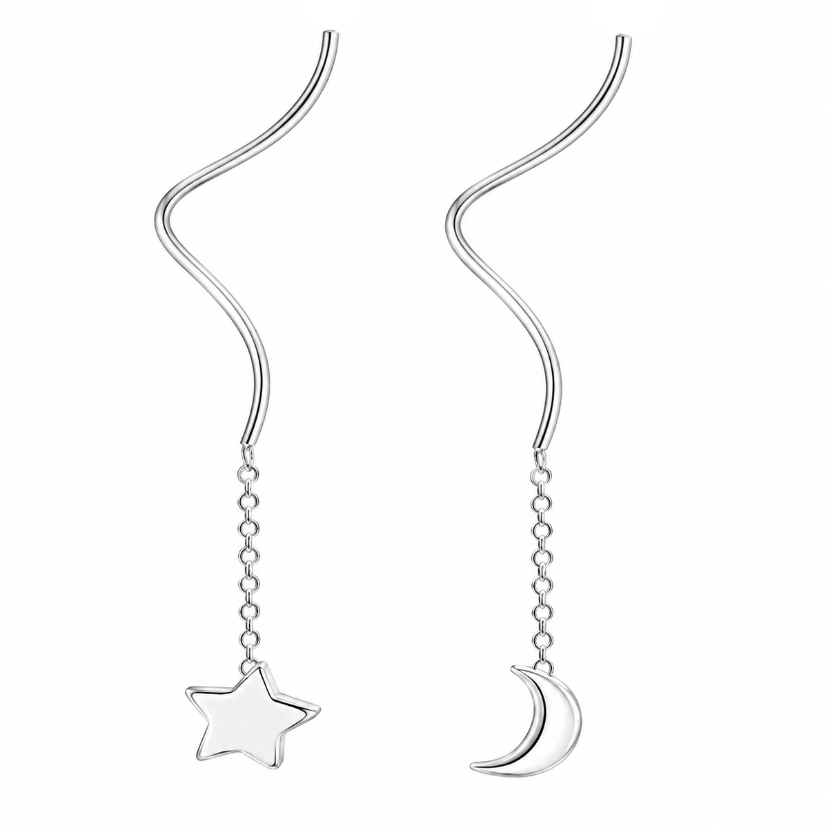 Sterling Silver Moon Star Galaxy Dangle Drop Threader Earrings
