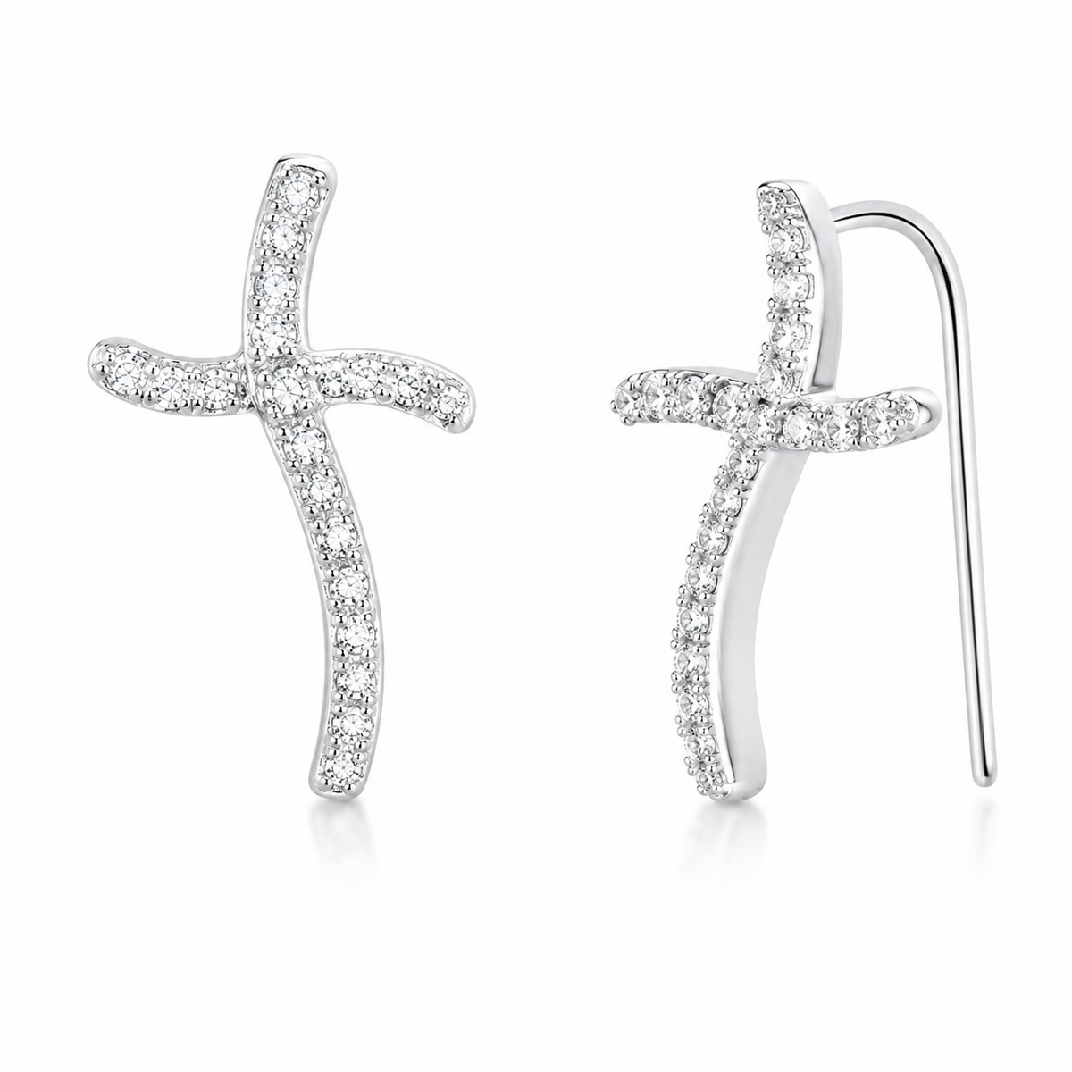 Sterling Silver Cross Clear CZ Jesus Wave Earrings