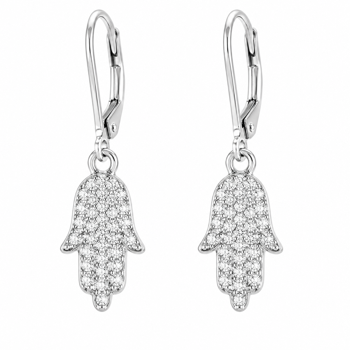 Sterling Silver Clear CZ Pave Hamsa Hand Earrings
