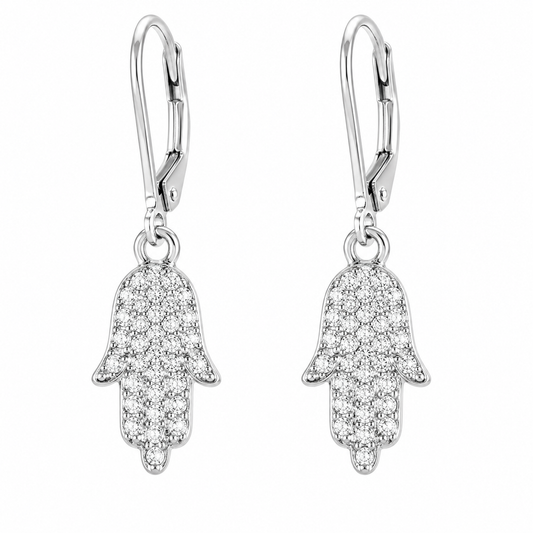Sterling Silver Clear CZ Pave Hamsa Hand Earrings