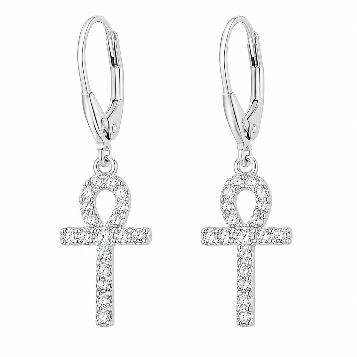 Sterling Silver Clear CZ Ankh Cross Earrings