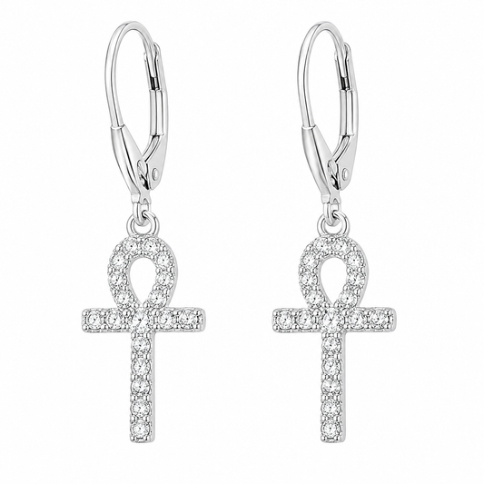 Sterling Silver Clear CZ Ankh Cross Earrings