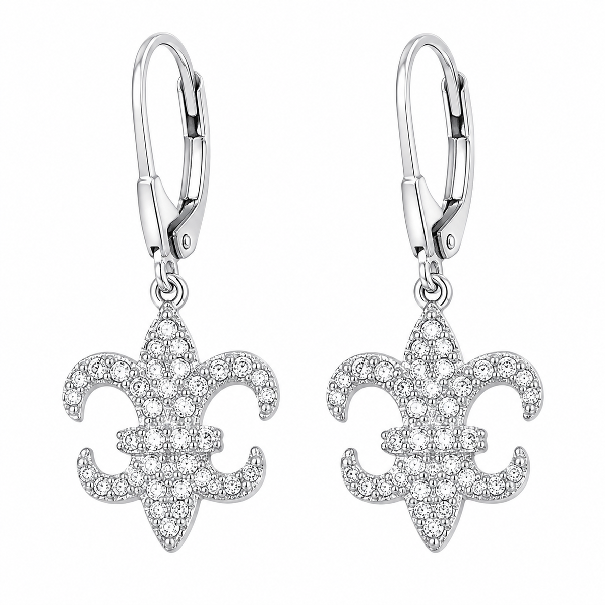 Sterling Silver Fleur De Lis White CZ Pave Dangle Earrings