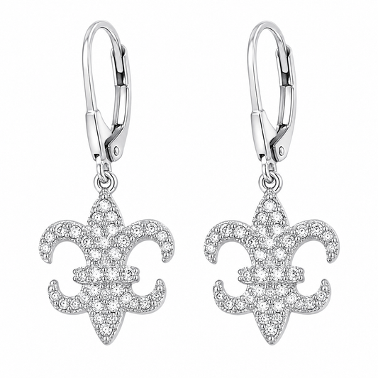 Sterling Silver Fleur De Lis White CZ Pave Dangle Earrings