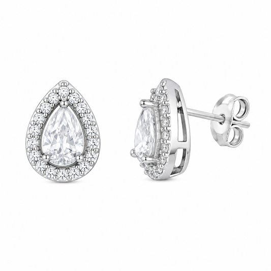 Sterling Silver Teardrop Stud Halo White CZ Earrings