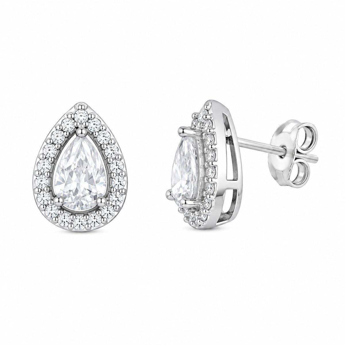 Sterling Silver Teardrop Stud Halo White CZ Earrings