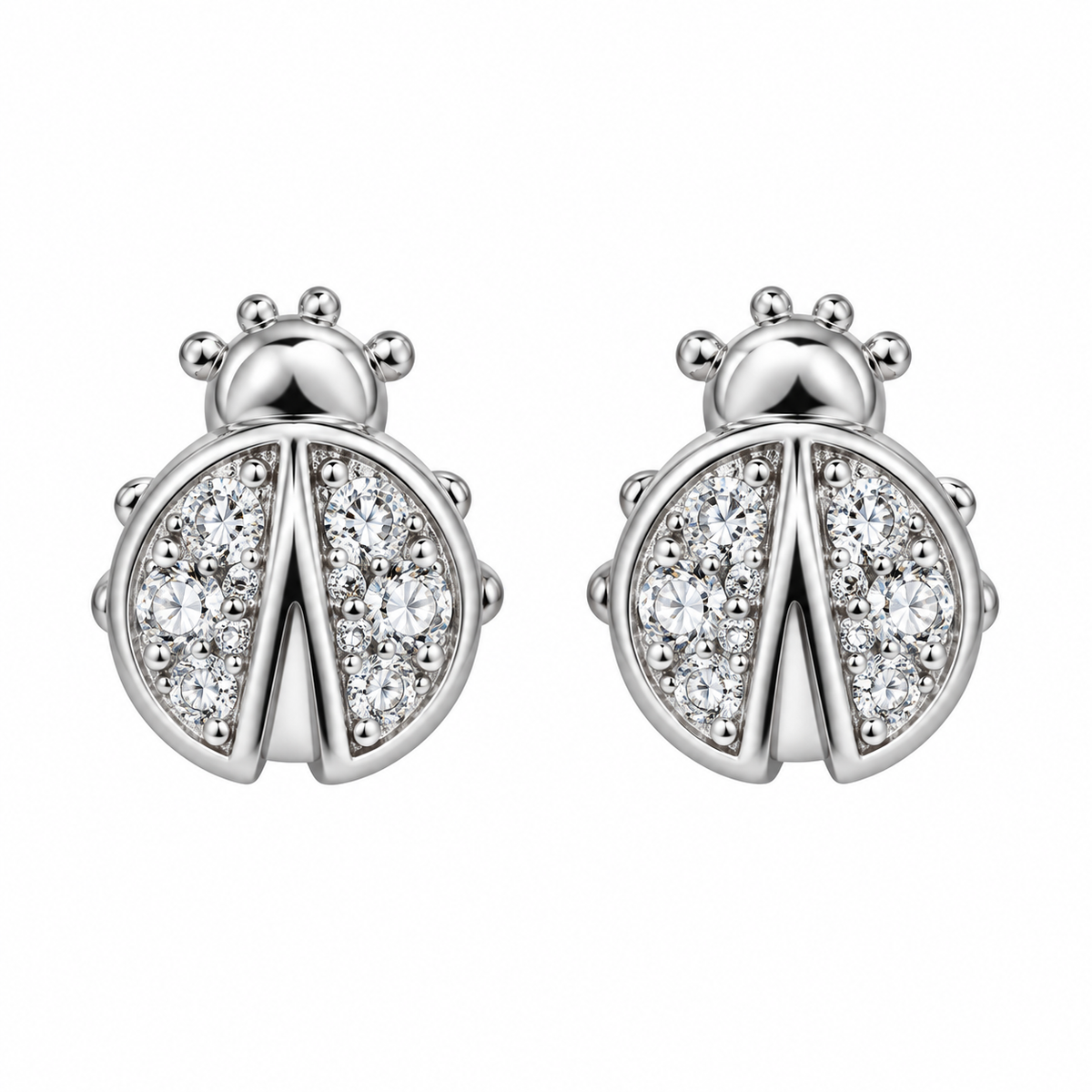 Sterling Silver Ladybug Cute Animal Bug Stud White CZ Earrings
