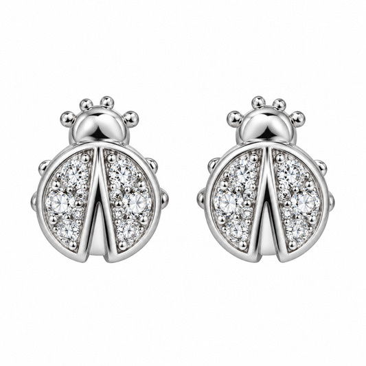 Sterling Silver Ladybug Cute Animal Bug Stud White CZ Earrings