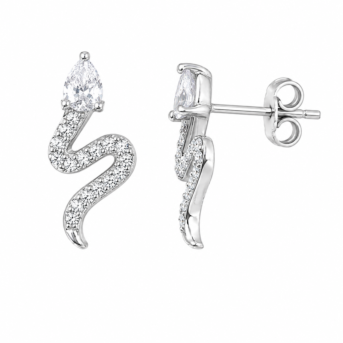 Sterling Silver Clear CZ Snake Zig Zag Teardrop Head Stud Earrings