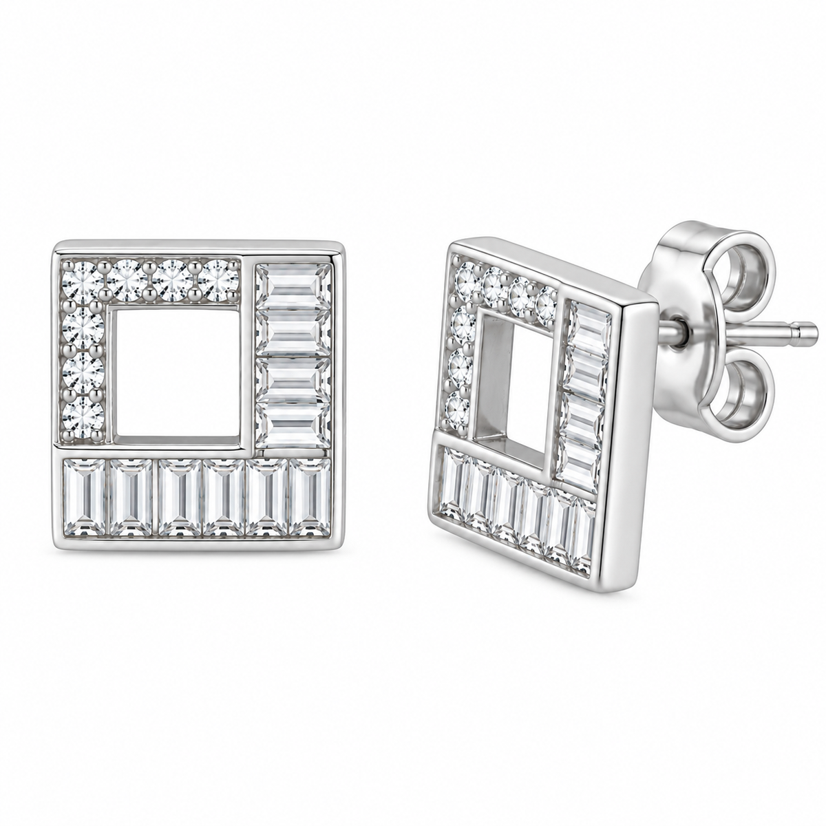Sterling Silver Geometric Square Clear CZ Stud Earrings