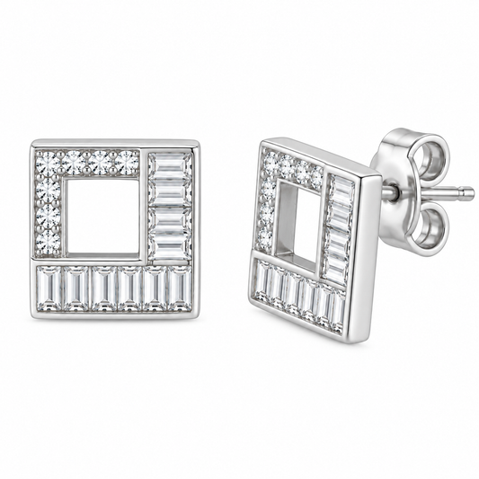 Sterling Silver Geometric Square Clear CZ Stud Earrings