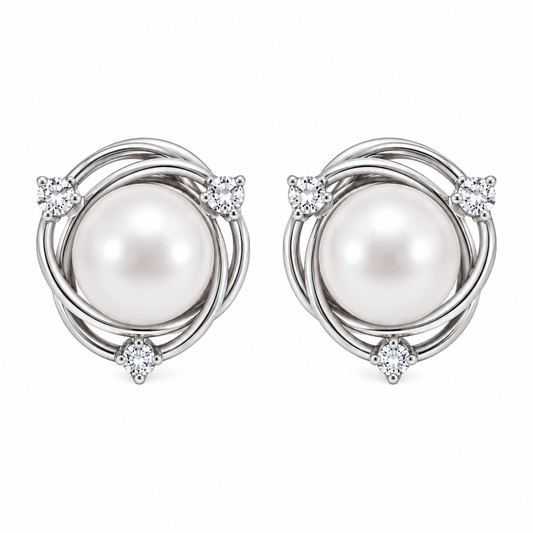 Sterling Silver Simulated Pearl Clear CZ Wreath Nest Stud Earrings