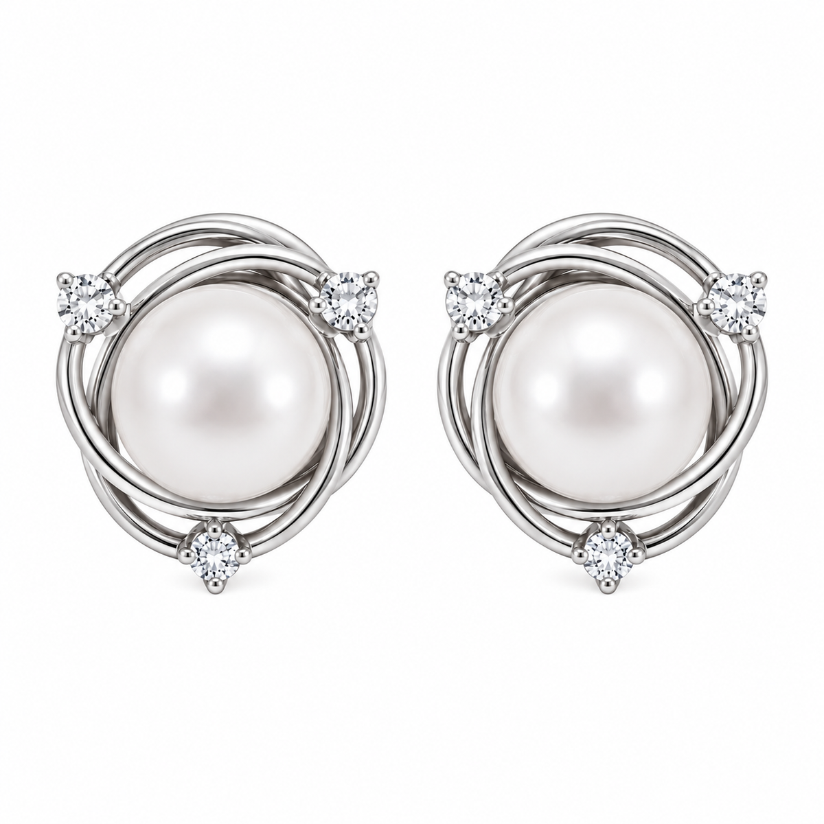 Sterling Silver Simulated Pearl Clear CZ Wreath Nest Stud Earrings