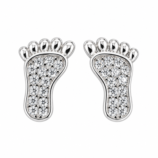 Sterling Silver White CZ Feet Cute Walking Earrings