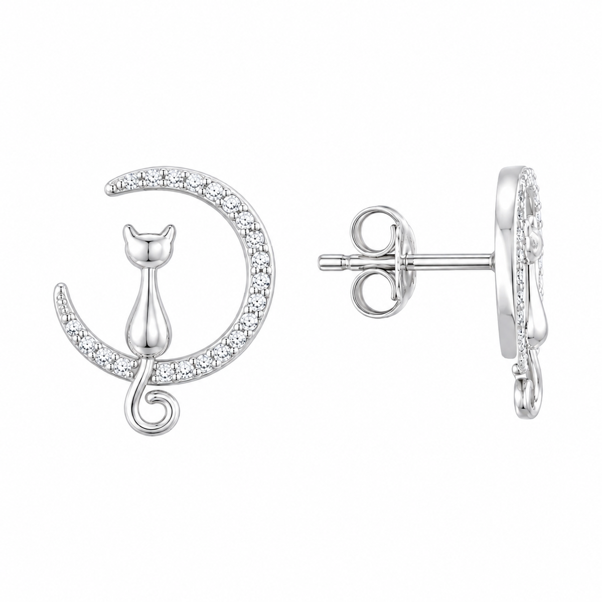 Sterling Silver Cat on Moon Animal Fairy Tale Peace Pet Clear CZ Earrings