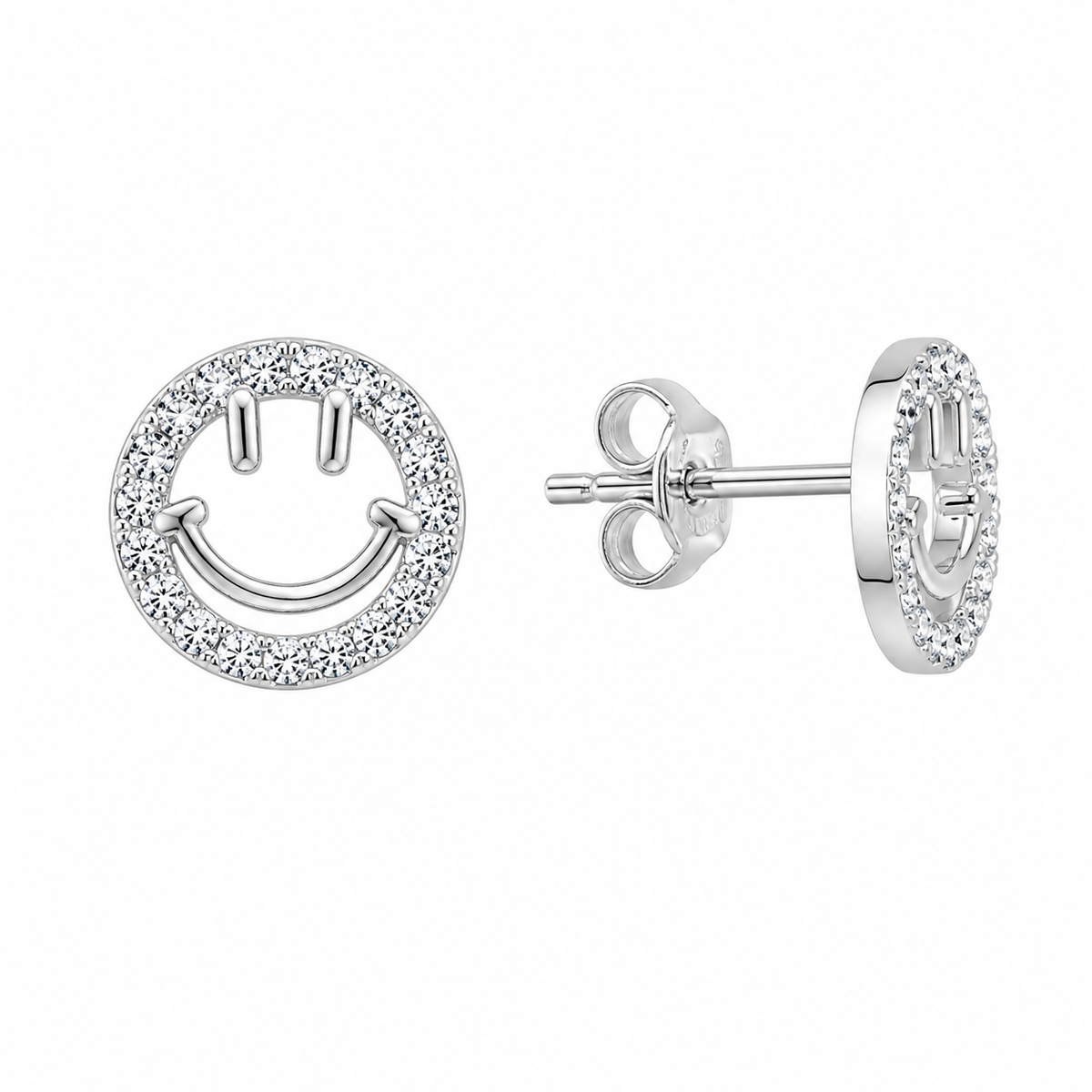Sterling Silver Smiley Face Happy Cute Clear CZ Stud Earrings