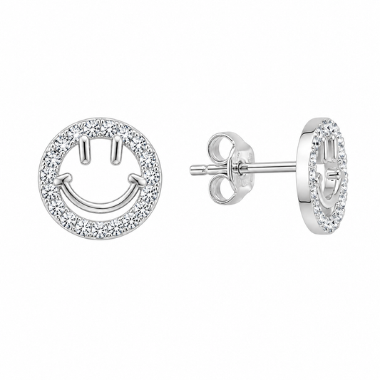 Sterling Silver Smiley Face Happy Cute Clear CZ Stud Earrings