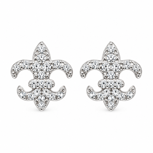 Sterling Silver Fleur De Lis White CZ Pave Stud Earrings