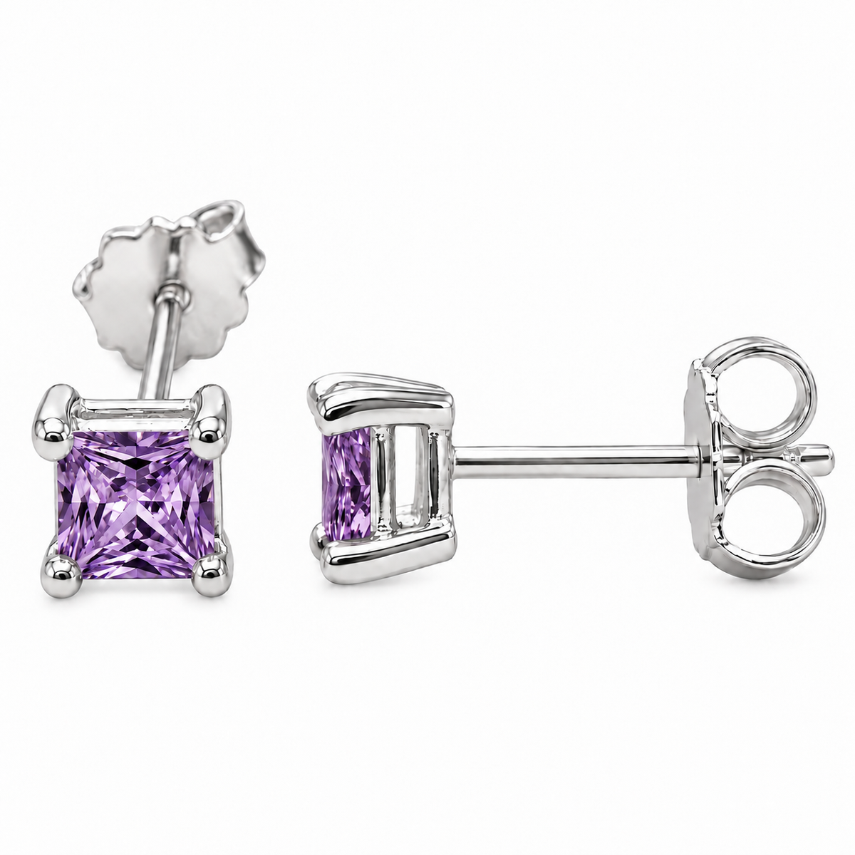 Sterling Silver 3mm Square Purple CZ Stud Earrings
