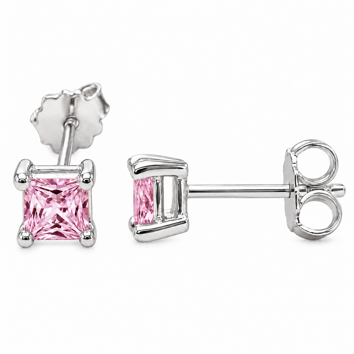 Sterling Silver 3mm Square Pink CZ Stud Earrings