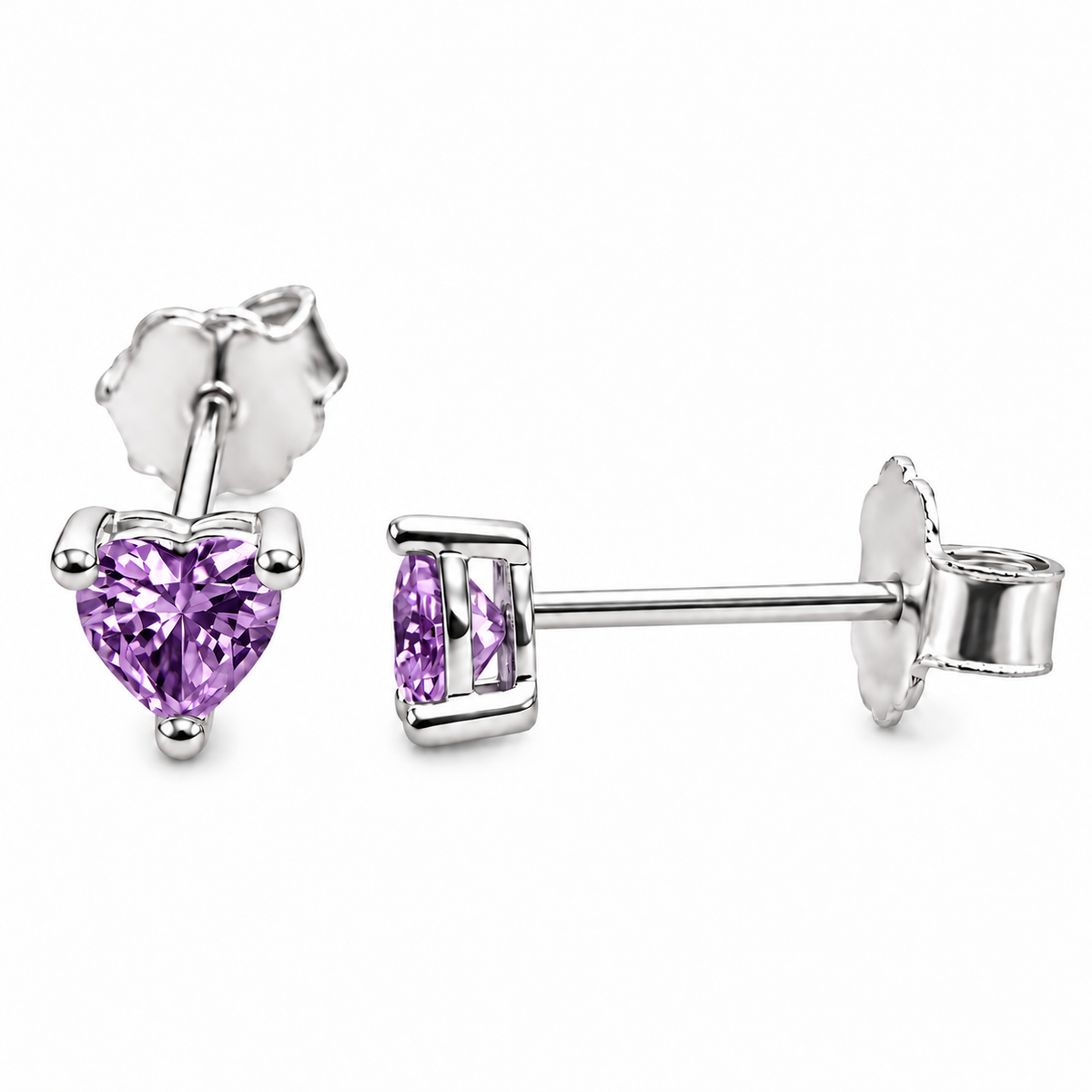Sterling Silver 3mm Heart Purple CZ Stud Earrings