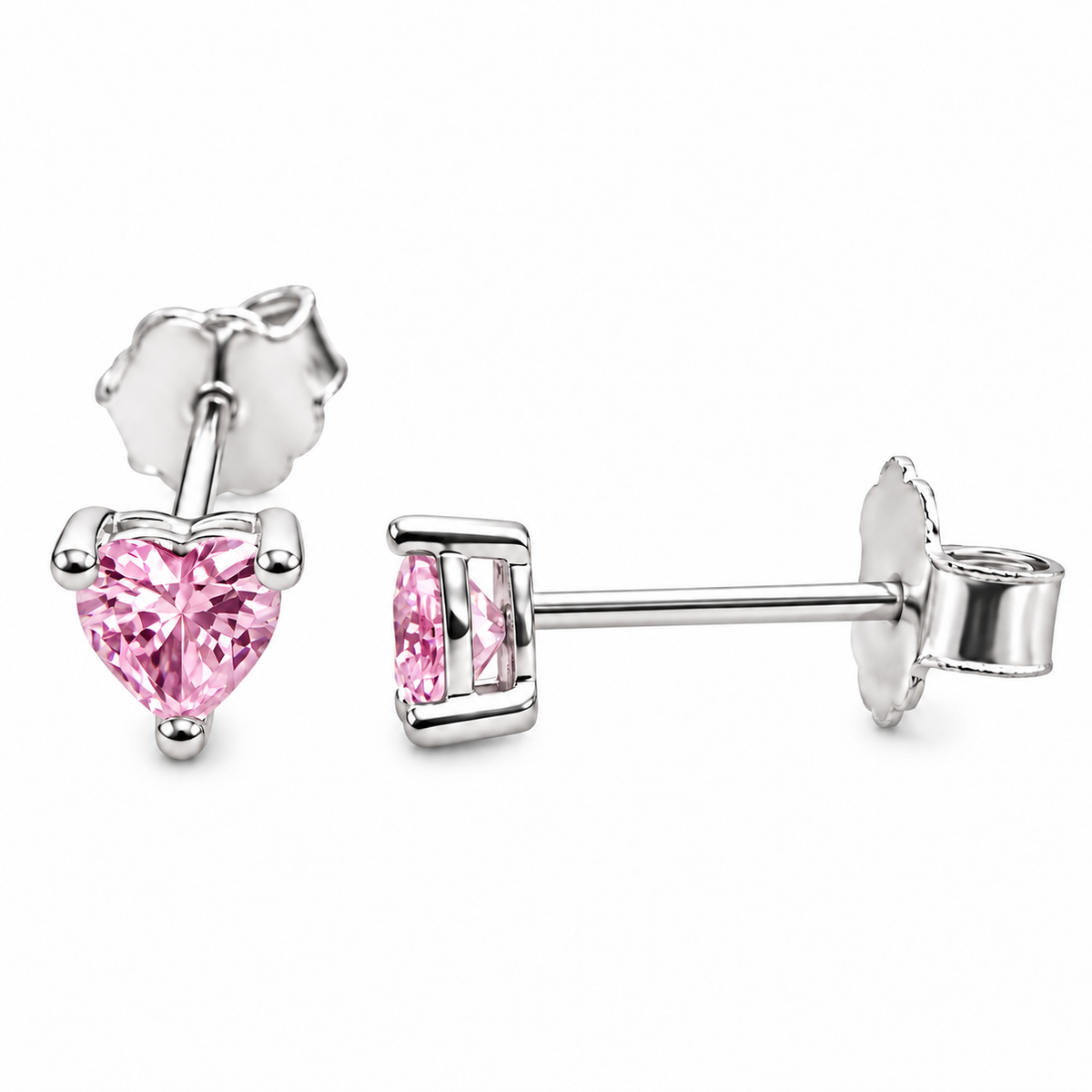 Sterling Silver 3mm Heart Pink CZ Stud Earrings
